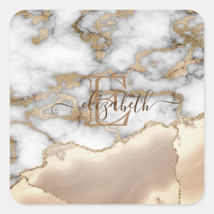 Sticker Carré Élégant style doré pailleté crème marbre monogramm