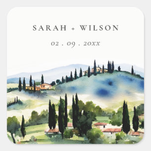 Sticker Carré Elégant Toscane Italie Aquarelle Mariage paysage