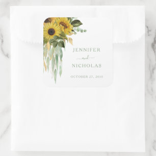 Sticker Carré Élégant Tournesols Verts Floraux Mariage