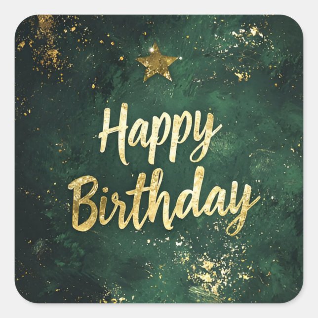 Sticker Carré Elégant Vert & Faux Or Anniversaire (Devant)