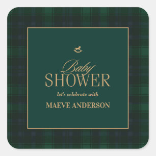 Sticker Carré Élégant Vert marine or Plaid tartan Baby shower