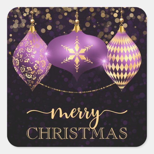 Sticker Carré Élégant violet et or Bauble Joyeux Noël (Devant)