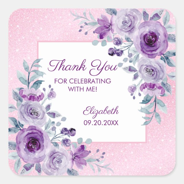 Sticker Carré Élégant violet Rose Parties scintillant rose Flora (Devant)