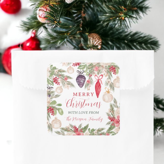 Sticker Carré Elégante aquarelle fleurie de pin bauble Noël (Elegant bauble pine floral watercolor Christmas Square Sticker)