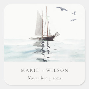 Sticker Carré Elégante aquarelle Nautique voile Mariage