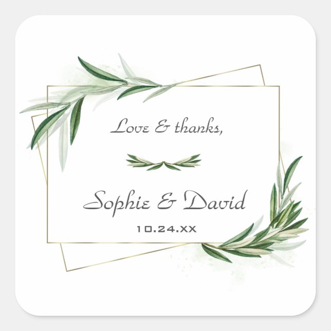 Sticker Carré Elégante aquarelle Olive Greenery Mariage or (Devant)
