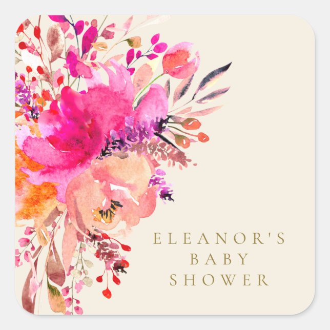 Sticker Carré Elégante Aquarelle rose Baby shower Floral Crème (Devant)