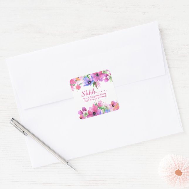 Sticker Carré Elégante Aquarelle rose Floral Surprise Party Squa (Enveloppe)