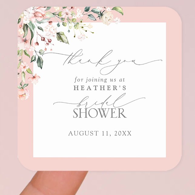 Sticker Carré Elégante Aquarelle rose Merci de douche Floral (Créateur téléchargé)