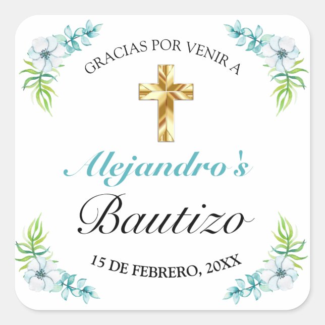 Sticker Carré Elegante Azul Floral Oro Cruz Bautismo Gracias (Devant)