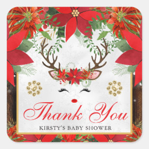 Sticker Carré Élégante Baby Shower Renne Poinsettia