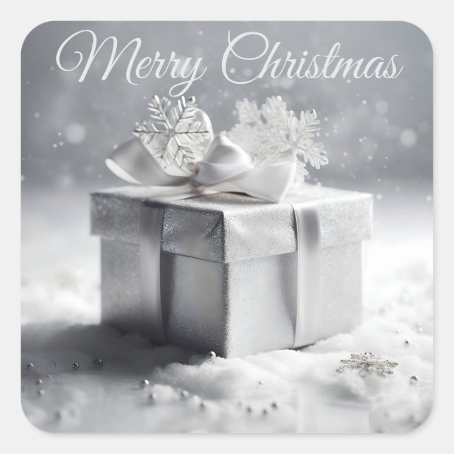 Sticker Carré Élégante boîte cadeau de Noël en argent avec des f (Devant)