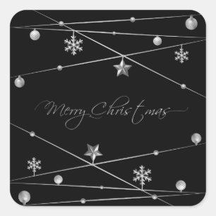 Sticker Carré Élégante calligraphie de Noël noir et argent
