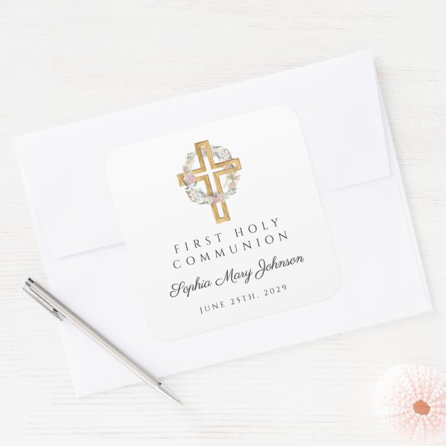 Sticker Carré Élégante couronne florale Croix première communion (Enveloppe)