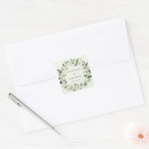 Sticker Carré Elégante crème Snowberry+Eucalyptus Wreath Mariage