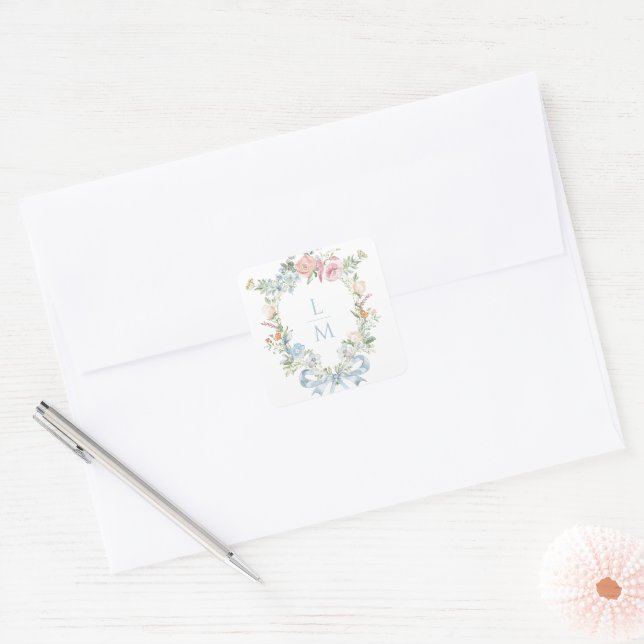 Sticker Carré Élégante crête de couronne fleurie | Mariage monog (Enveloppe)