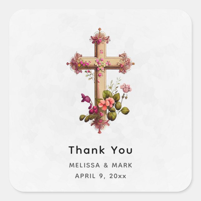 Sticker Carré Elégante Croix en bois avec Merci de fleurs roses (Devant)