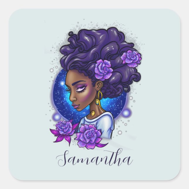 Sticker Carré Élégante femme Afro Rose violette (Devant)