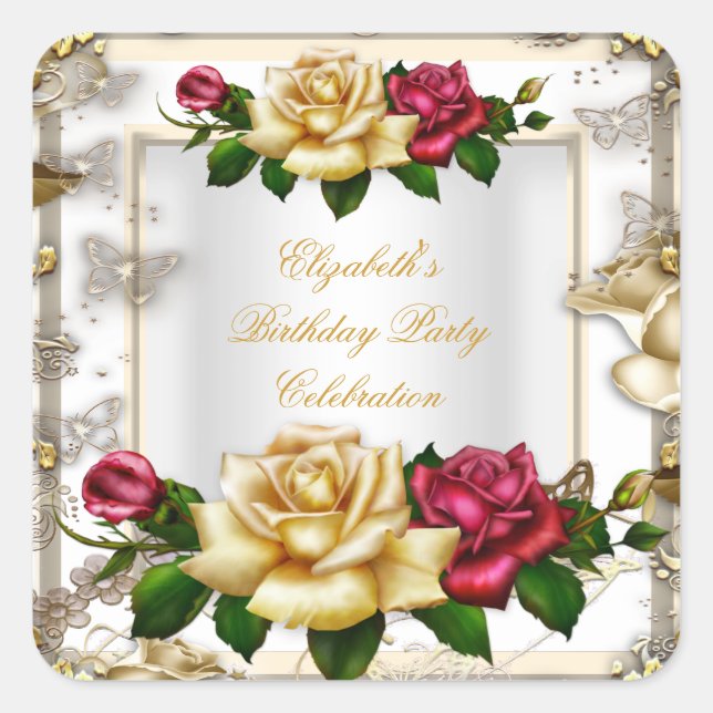 Sticker Carré Elégante fête d'anniversaire Roses White Gold Red  (Devant)