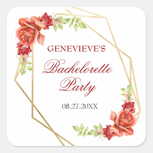 Sticker Carré Élégante fête de bachelorette florale Rose Rouge (Devant)