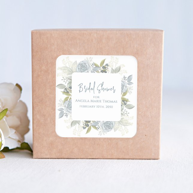 Sticker Carré Elégante Fête des mariées Florale Dusty Blue Roses (Bridal shower square sticker with beautiful blue floral roses and greenery. )