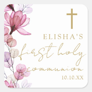 Sticker Carré Élégante florale rose Première communion sainte