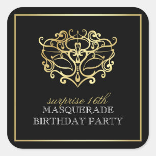 Sticker Carré Elégante Gold & Black Masquerade Surprise Party