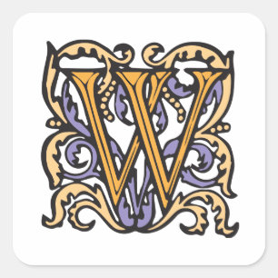 Sticker Carré Élégante Lettre médiévale W Antique Monogram
