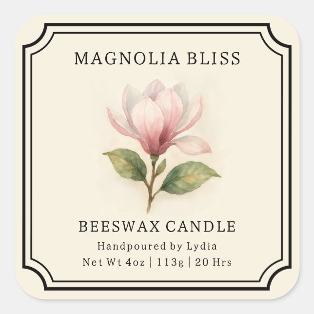 Sticker Carré Élégante Magnolia Bliss Beeswax Candle Business (Devant)