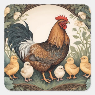 Sticker Carré Élégante Mère Hen Avec Poussins