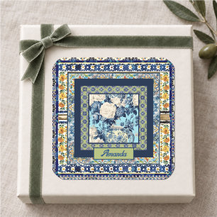 Sticker Carré Élégante note de carreau bleu floral chinoiserie m