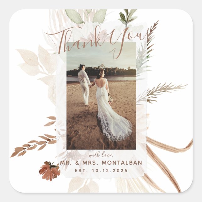 Sticker Carré Élégante Pampas Rustique Boho (Devant)