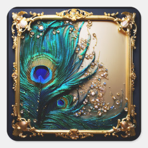 Sticker Carré Élégante plumes paon cadre Art nouveau or