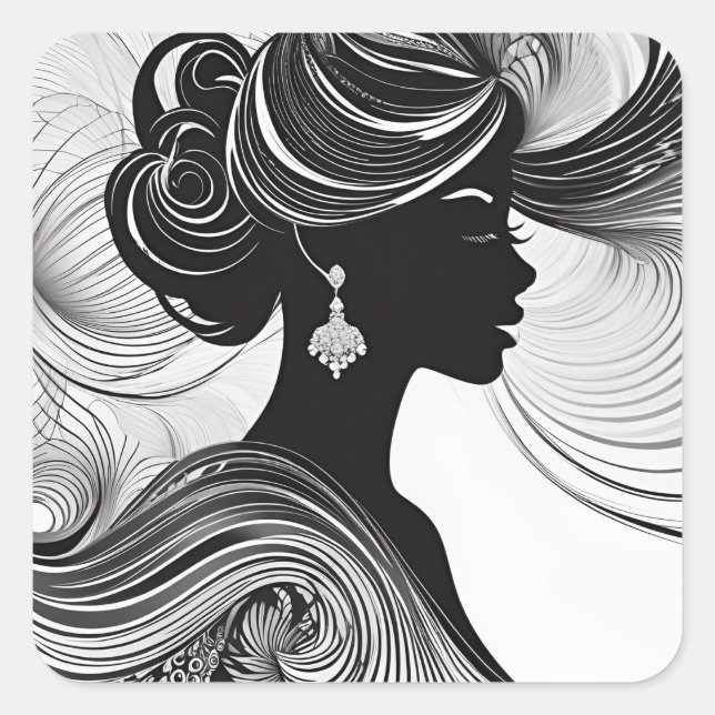 Sticker Carré Elégante Reine Africaine Silhouette Noir & Blanc (Devant)
