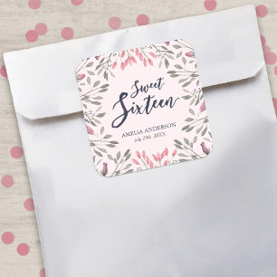 Sticker Carré Élégante rose Roses Floral Sweet 16 Anniversaire
