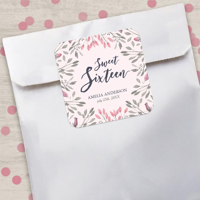Sticker Carré Élégante rose Roses Floral Sweet 16 Anniversaire (Créateur téléchargé)