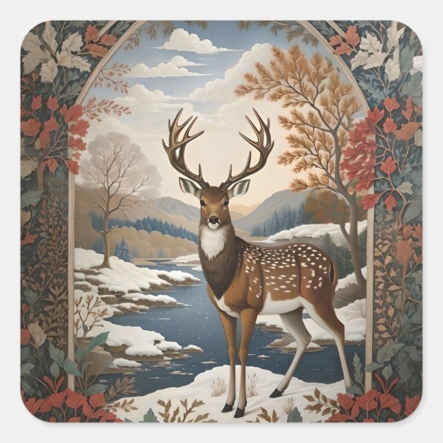 Sticker Carré Élégante scène hivernale de cerfs (Devant)