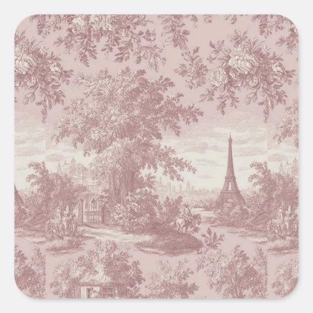 Sticker Carré Elégante toile rose de Jouy Scène de Pays Français (Devant)