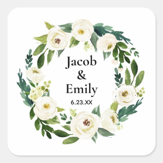 Sticker Carré Elégante verdure Noms personnalisés Date Mariage (Devant)