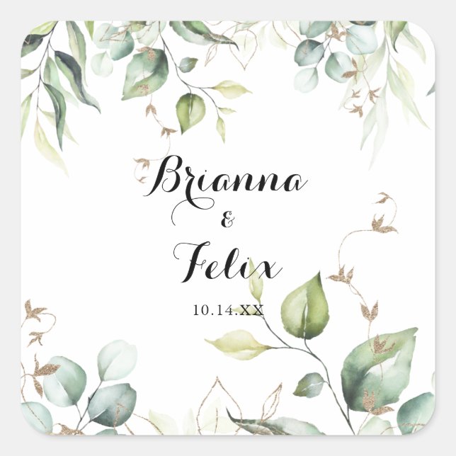 Sticker Carré Elégante Verdure or Mariage Enveloppe Phoques (Devant)