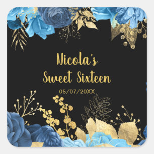 Sticker Carré Élégantes fleurs bleues et dorées Sweet Sixteen