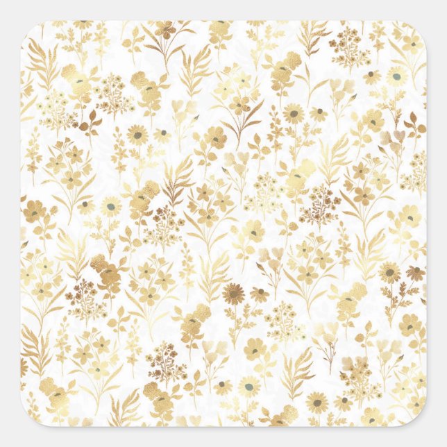 Sticker Carré Élégantes Fleurs d'or Blanc Botanique (Devant)