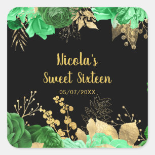 Sticker Carré Élégantes fleurs vertes et dorées Sweet Sixteen