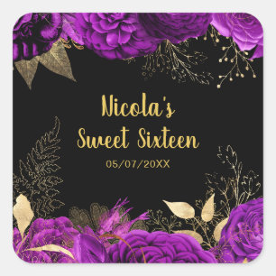 Sticker Carré Élégantes fleurs violettes et dorées Sweet Sixteen