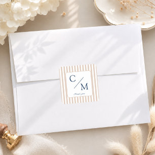 Sticker Carré Élégantes Rayures Beige Marron Monogramme Mariage 