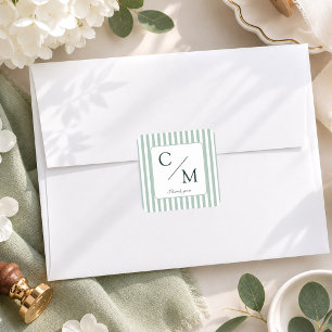 Sticker Carré Élégantes Rayures Vertes Monogramme Mariage