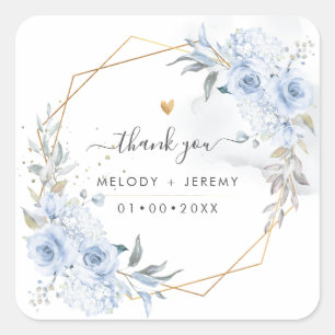 Sticker Carré Élégantes Roses Bleu Poussiéreux Aquarelle Merci
