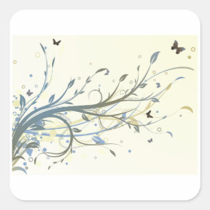 Sticker Carré Élégantes volutes florales bleues et dorées avec p