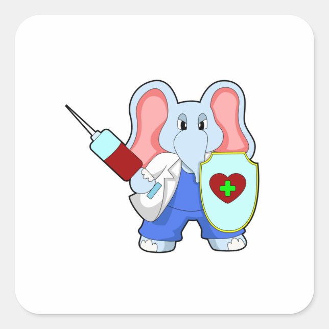 Sticker Carré Eléphant à la vaccination avec seringue (Devant)