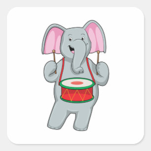 Sticker Carré Elephant at Music with Drum
